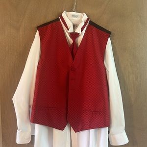 Three piece tux shirt, tie and red vest